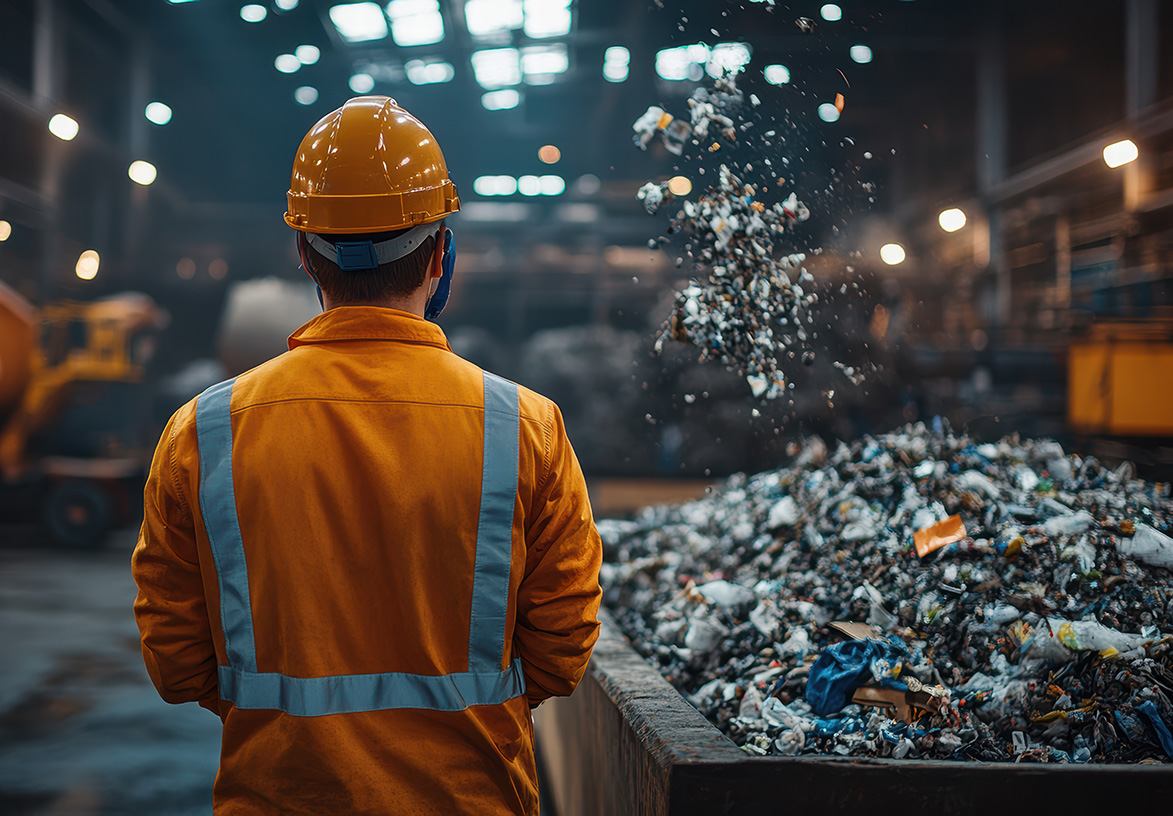 Waste Delivery and Screening in Energy from Waste Process Energy from waste facility worker standing to the left of a bin filled with waste