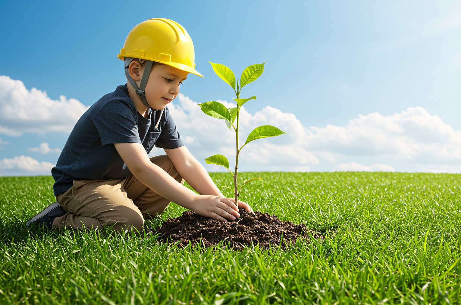Sustainability Core Values A child wearing a yellow construction hard hat is planting a tree in the ground, which represents one of Emerald's core values: sustainability.