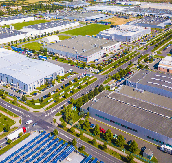 Direct heating through energy recovery Aerial shot of multiple industrial facilities heated through energy recovery