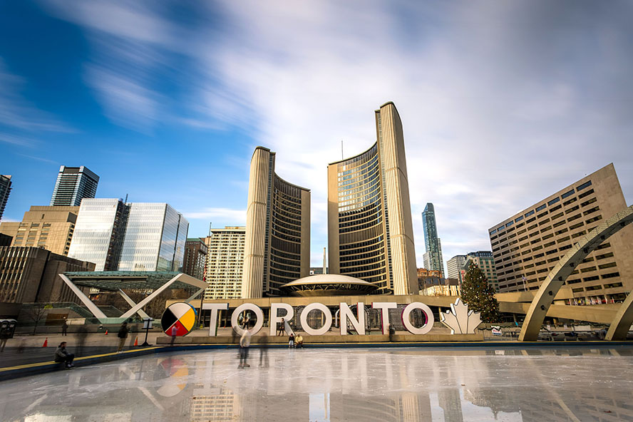 Critical Decisions for Leaders Municipal Waste Toronto sign in front of Old City Hall in Nathan Philips Square in Downtown Toronto to represent municipal waste leaders