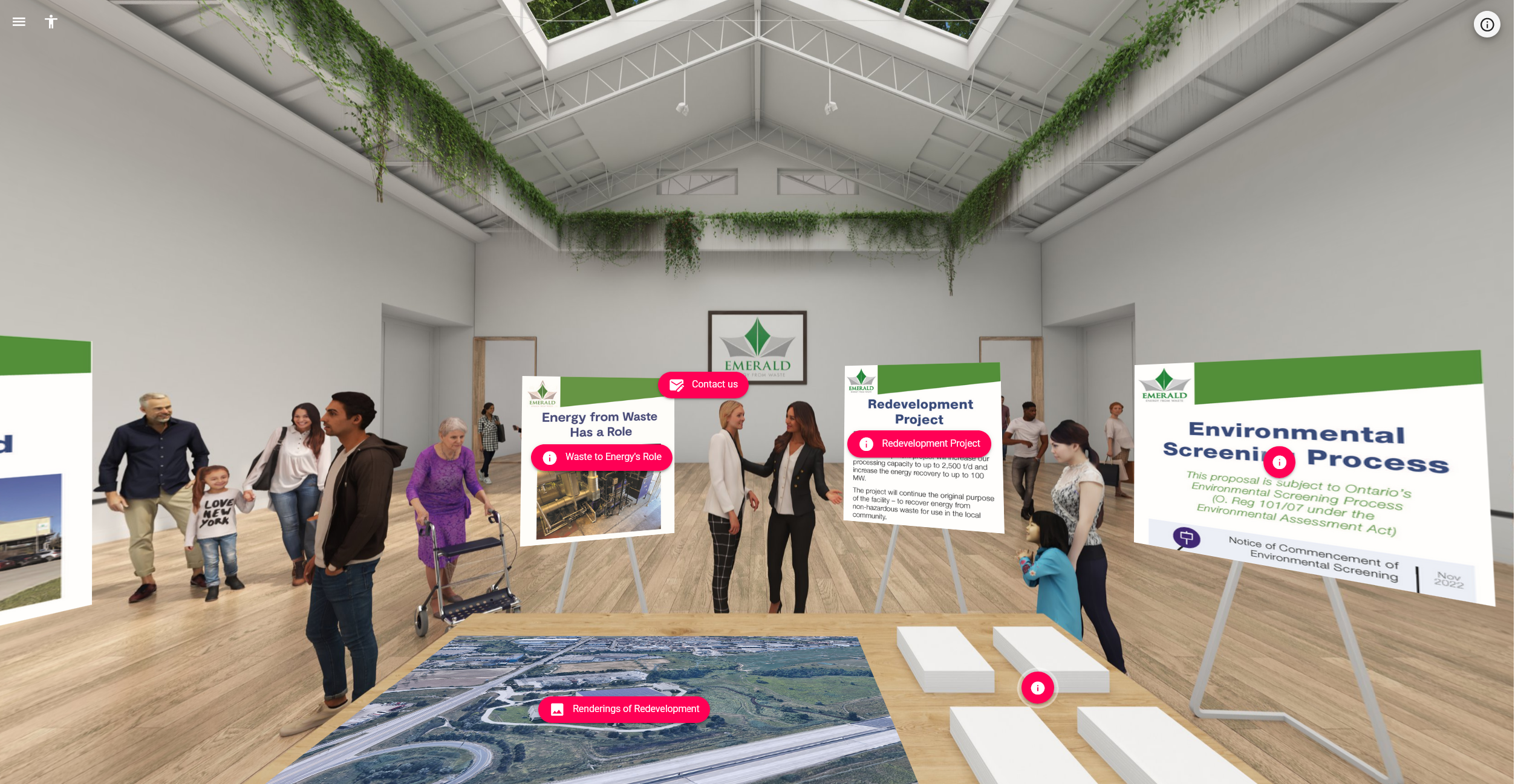 3D render of Emerald Energy from Waste's virtual open house with informational posters