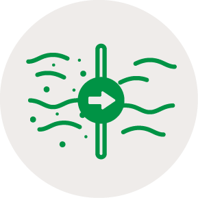 Contaminant Removal Environmental Waste Controls Icon Icon of particles moving through a filter with and arrow point to the right to indicate the direction of travel. This represents contamination removal