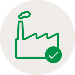 Emission Protection Environmental Waste Controls Icon Icon of energy recovery facility with a green checkmark in the bottom right corner to represent emissions protection