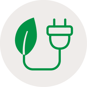 Generate Clean Energy Energy Recovery Icon Icon of a leaf on the left connected to an electrical plug on the right to represent generating clean energy