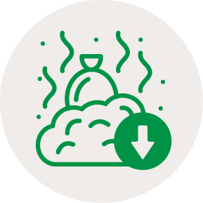 Reduce Landfill Dependency Energy Recovery Icon Icon of garbage bag and pile of waste with stink lines coming out, along with an arrow point down in the bottom right corner to represent reduced landfill capacity