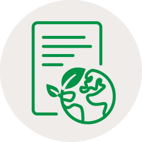 Support Corporate Governance Product Destruction Icon Icon of a document with writing on it with a world outline with 2 leaves coming out of it in the bottom right corner to show corporate governance in product destruction