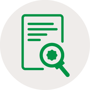 Verified Compliance and Public Transparency Product Destruction Icon Icon of a document with writing and a magnifying glass in the bottom right corner with a badge in the middle to show verified compliance and public transparency for environmental waste controls